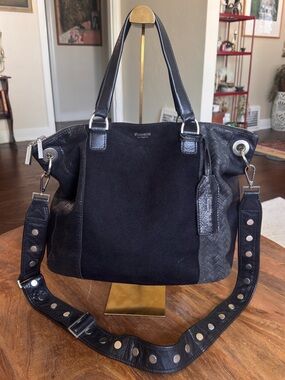 Hammitt Large Daniel Satchel Black Leather Suede Tote Studded Crossbody Silver